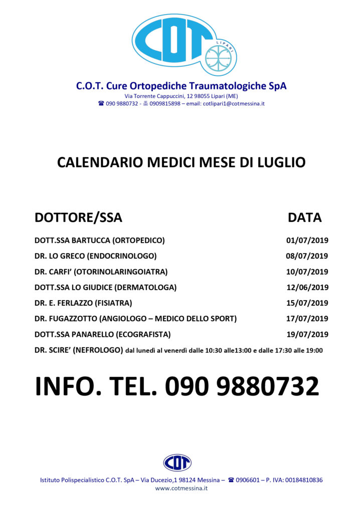 CALENDARIO MEDICI DI LUGLIO