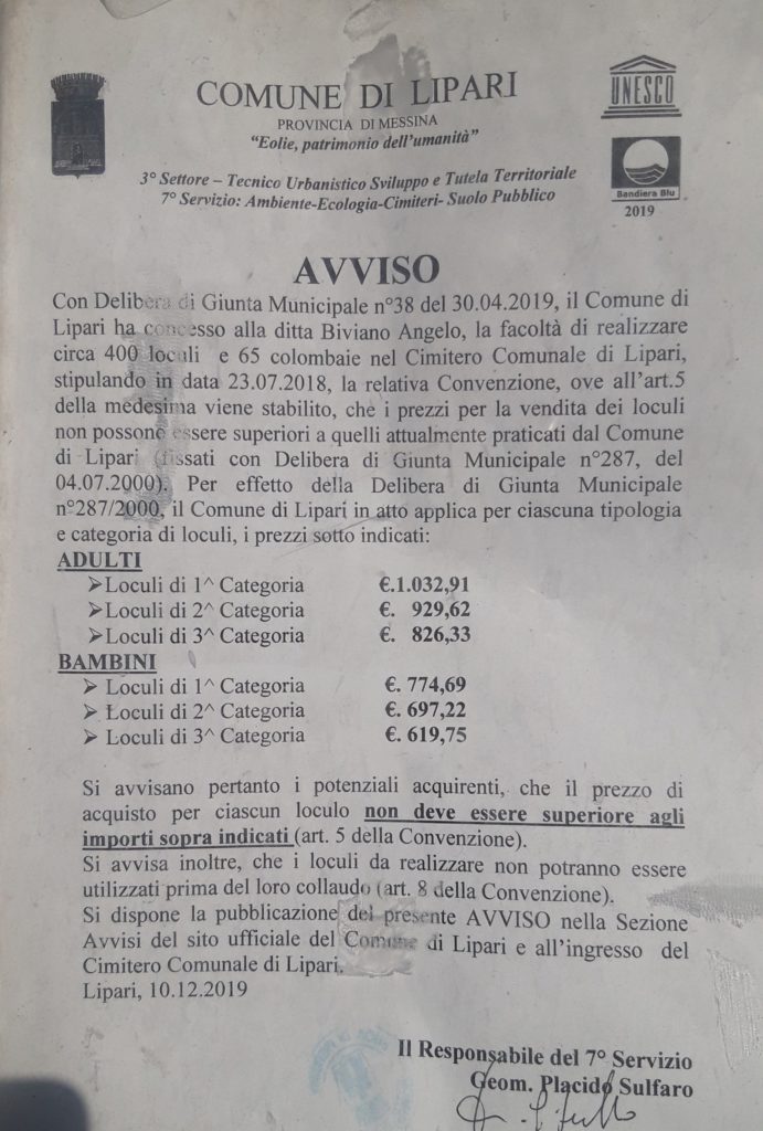 Lipari : affidati lavori ampliamento cimitero Quattropani 1