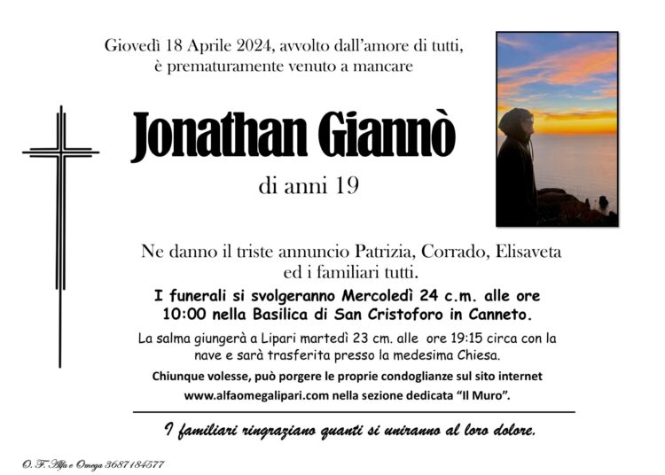 Mercoledì 24 alle 10,00 i funerali di Jonathan Giannò 1