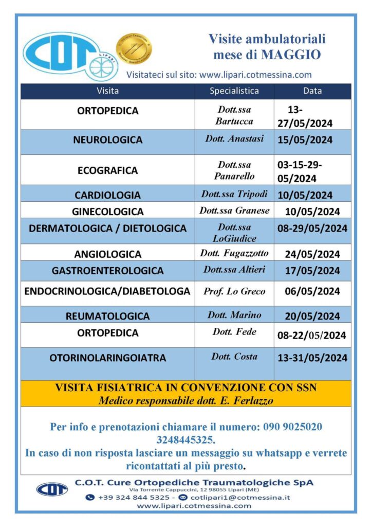 COT Lipari : visite ambulatoriali di Maggio 2