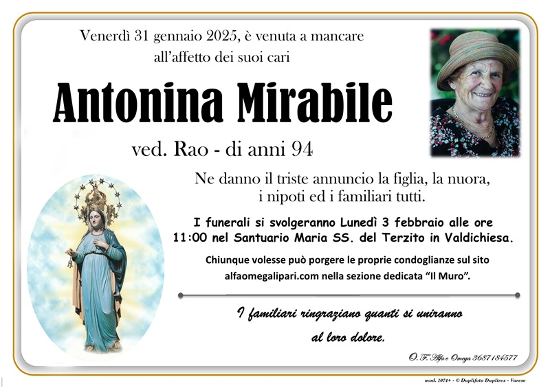 E' morta Antonina Mirabile ved. Rao