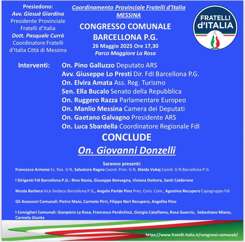 Fratelli d’Italia: congresso comunale a Barcellona Pozzo di Gotto con Donzelli e big del partito