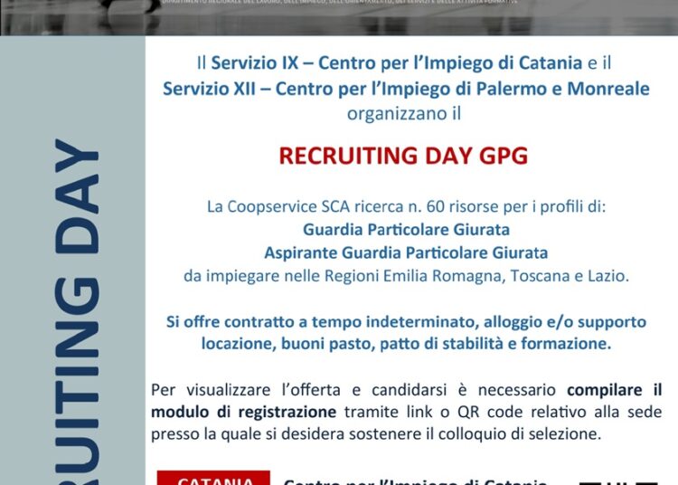 Lavoro : recruiting day a Catania e Palermo per guardie giurate da impiegare nel Centro e Nord Italia, al via le candidature
