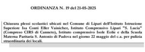 Sindaco di Lipari chiude tutte le scuole per giovedi 22 maggio
