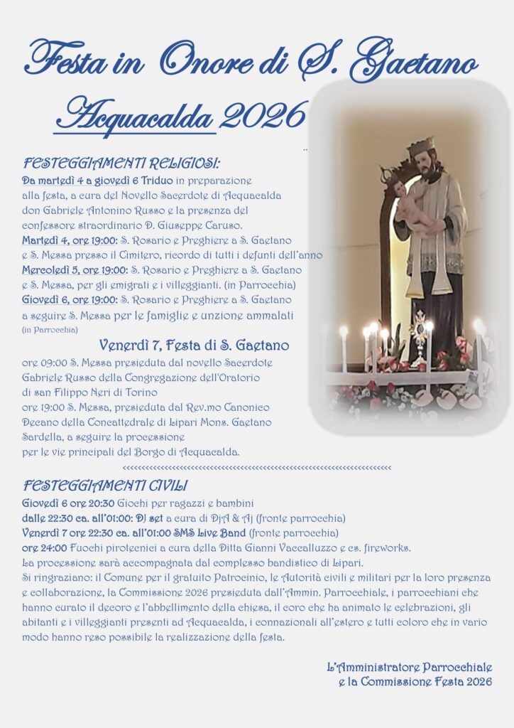 Festa di San Gaetano ad Acquacalda: il 7 agosto il borgo rinnova la sua anima tra fede, memoria e identità